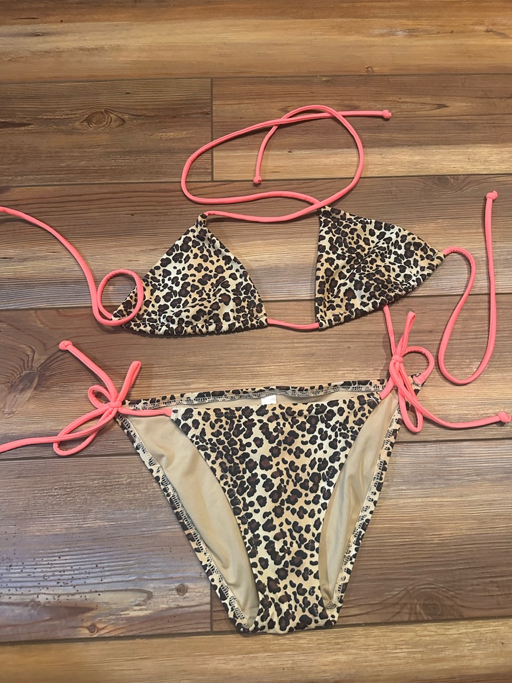 Victoria’s Secret Leopard Print Triangle Bikini with Coral Ties